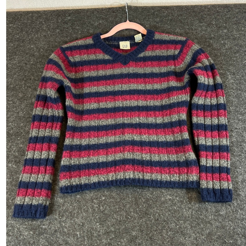 Vintage 90s Gap Wool Blend Striped V-Neck Sweater Navy Pink Gray Womens Medium